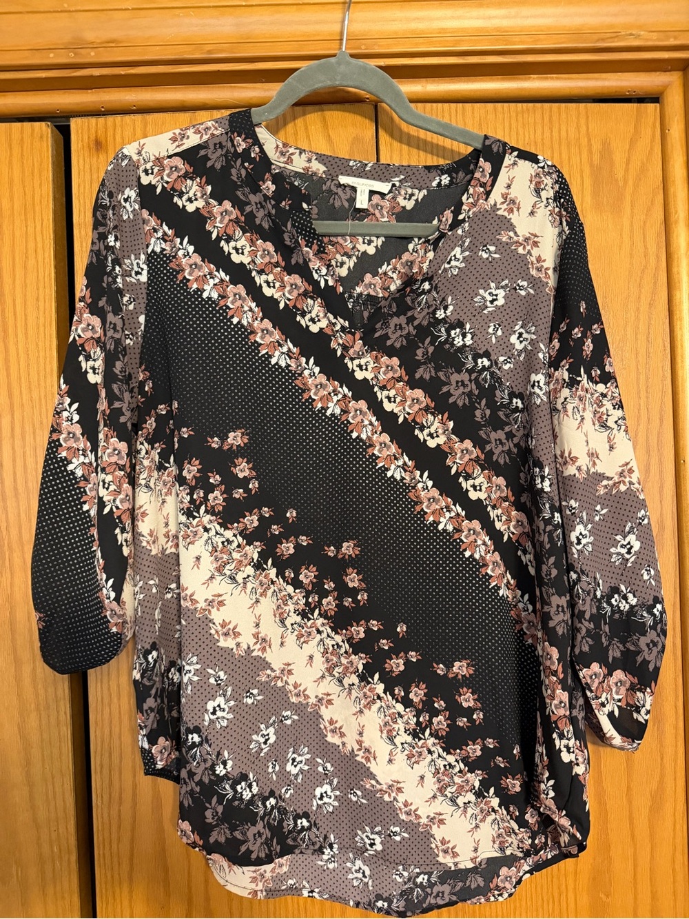 Maurices Floral Patchwork V-Neck Blouse - Black, Mauve & Cream